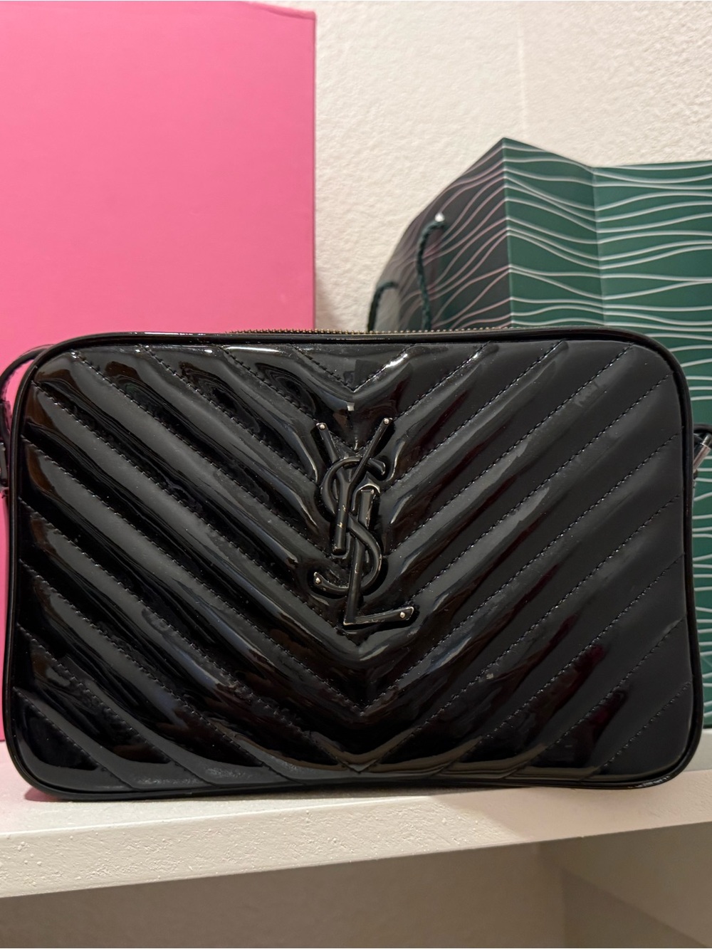 Saint Laurent Glossy Black Chevron Camera Crossbody